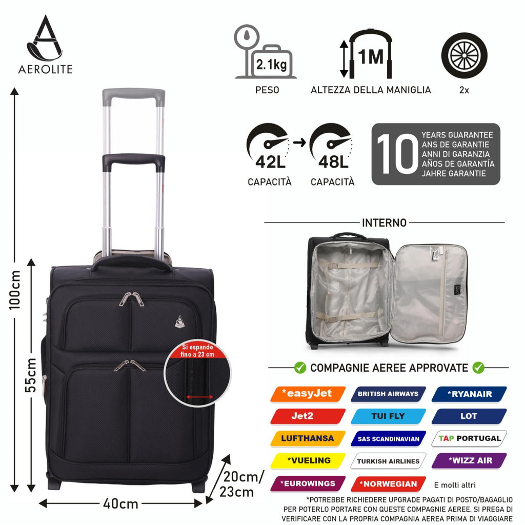 Valigia Cabina Aerolite Espandibile 55x40x20/23cm - Leggera, Trolley, Serratura TSA